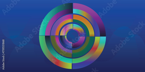 Colorful concentric circles forming a segmented target shape with vibrant gradient colors on a blue background.
