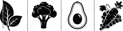 Four silhouette icons representing healthy food choices like greens broccoli avocado and grapes