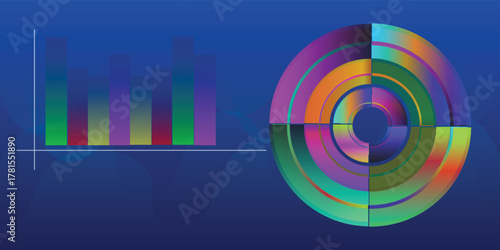 Abstract data visualization featuring a colorful bar chart and a circular diagram on a blue background.