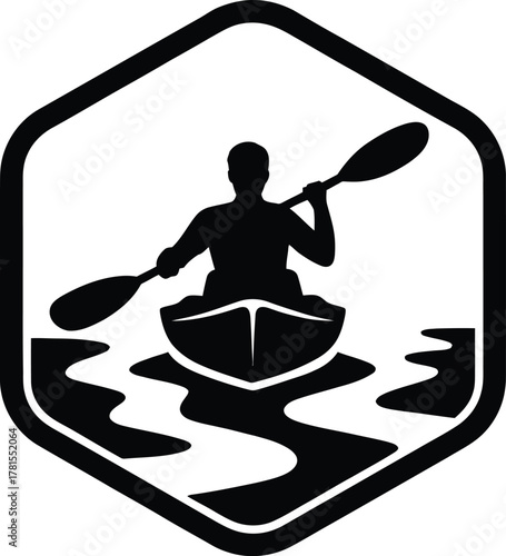 Kayaker paddling on a river in a hexagonal icon silhouette
