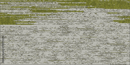 Abstract background of digital glitch art with horizontal green static over a grey textured pattern.