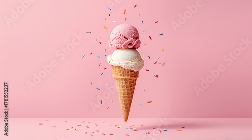A minimalistic of a floating ice cream cone with two scoops, one pink and one white, stacked above it, and colorful sprinkles.