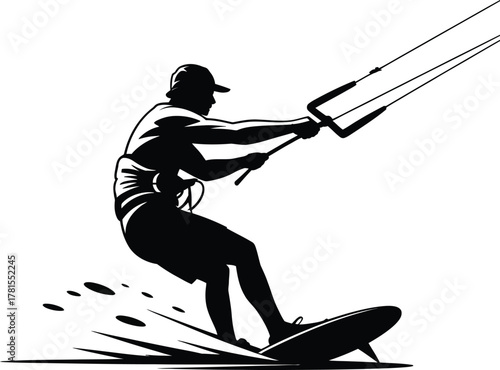 Dynamic kiteboarder silhouette in action with a dramatic water spray effect