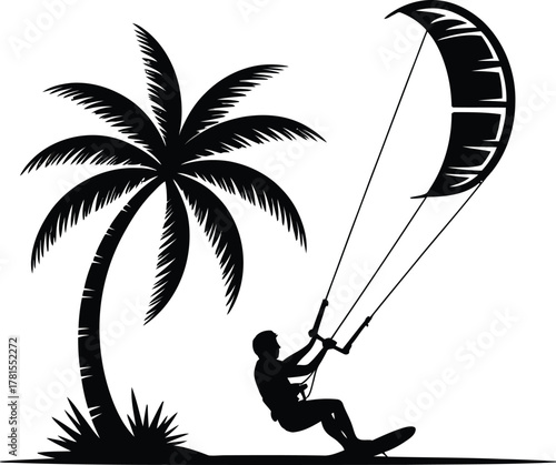 Tropical kitesurfer and palm tree silhouette against a vibrant sunset