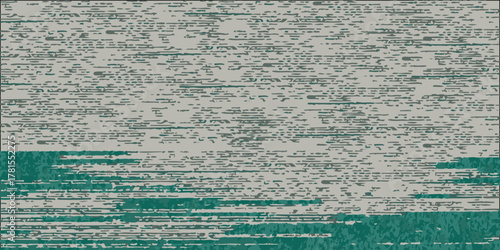 Abstract digital glitch art background with horizontal static noise in teal and grey tones.