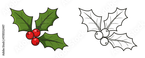 Cartoon style colored and outline drawing of a classic holly sprig with spiked green leaves and round red berries, for festive winter holiday decor