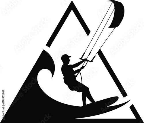 Dynamic kitesurfer riding a wave within a geometric triangle silhouette