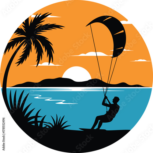 Kitesurfer riding a wave at tropical sunset circular logo design silhouette