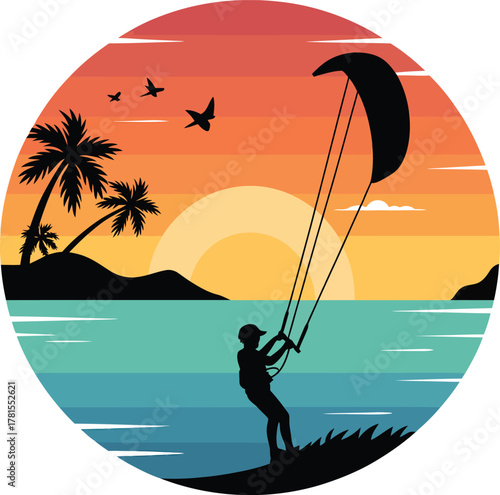 Tropical sunset kitesurfing scene with a circular design and silhouette