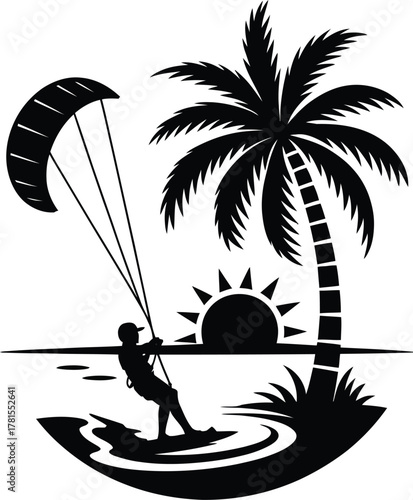 Vibrant sunset over the ocean with a kitesurfer and palm tree silhouette