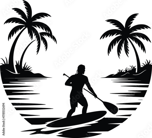 Tropical paddleboarder with palm trees silhouette at sunset