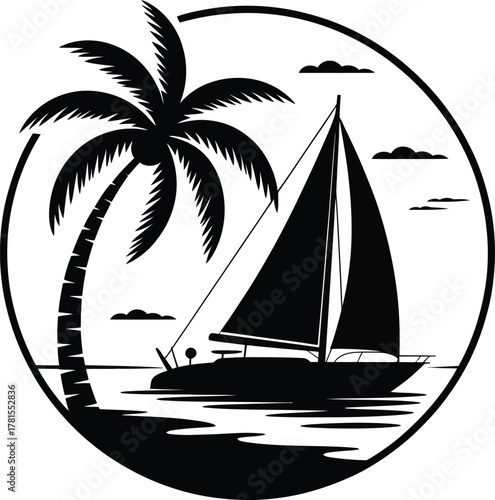 Tropical sailboat and palm tree in a circle silhouette icon