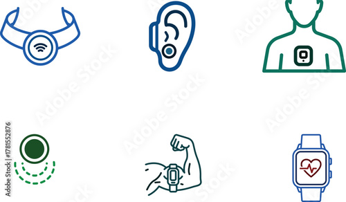 Wearable Health Technology Icons Set Representing Body Sensors and Monitoring