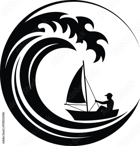 Sailor bravely surfing a giant wave in a circular silhouette icon