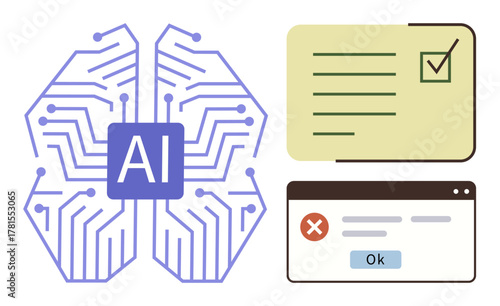 Neural AI brain with circuits, checklist task card, and error warning window. Ideal for AI, tech innovation, digital automation, machine learning, data validation, system efficiency simple flat