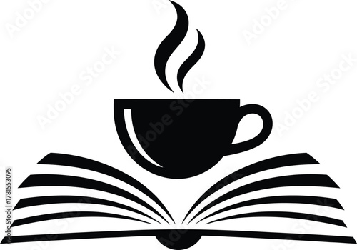 Steaming coffee cup next to an open book silhouette