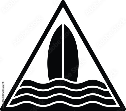 Abstract geometric silhouette of a surfer riding a wave in a triangle