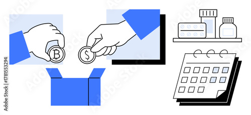 Hands placing coins into a box, medical supplies on a shelf, calendar nearby. Ideal for donation, healthcare, medication access, financial aid, charity planning philanthropy concepts. A simple flat