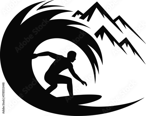 Dynamic surfer riding a powerful wave against majestic mountain silhouette