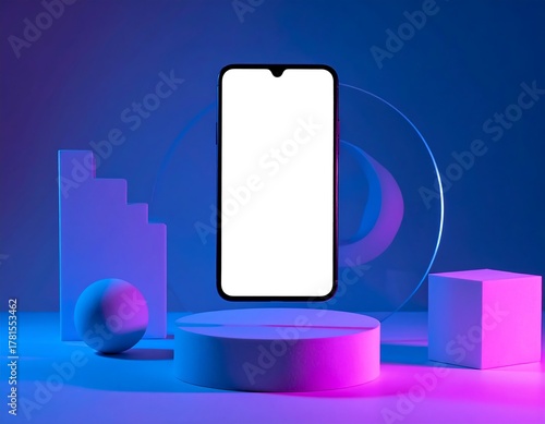 Smartphone mock-up surrounded by geometric shapes, neon lighting
