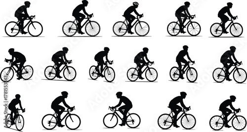 Flat vector illustration of 15 cyclist silhouettes riding road bikes in various postures, showing speed, gear, and riding technique