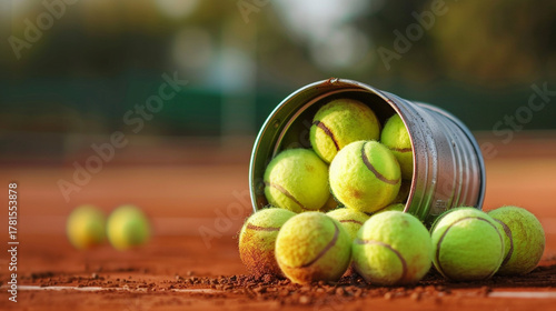 Tennis balls spilling out of a metal bucket on a clay court