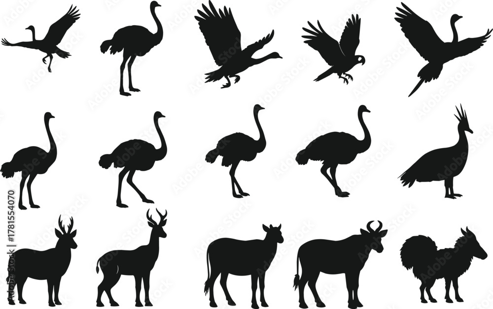 Obraz premium Flat vector illustration of bird and mammal silhouettes including crane, ostrich, deer, goat, sheep, dog in elegant poses