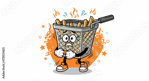 Scared cartoon deep fryer basket character shivering with fear.