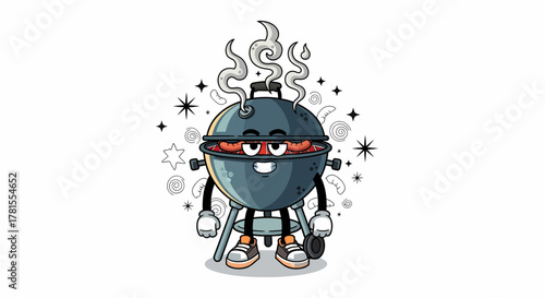 Smoky barbecue grill mascot character with a confident expression.