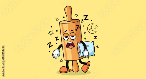 Sleepy Rolling Pin Cartoon Character Holding Pillow.