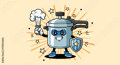 Superhero Pressure Cooker Cartoon Character with Shield and Steam.