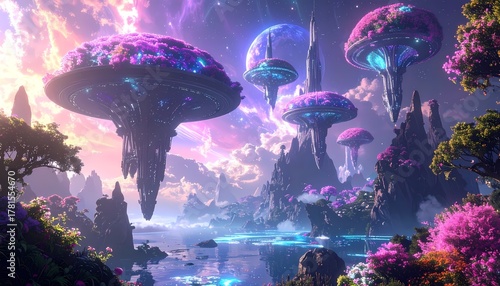 Wallpaper Mural Vibrant Fantasy Landscape with Giant Glowing Mushrooms and Mystical Flora. Torontodigital.ca