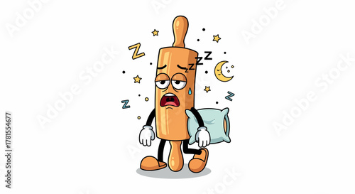 Tired rolling pin character holding pillow and looking sleepy with stars.