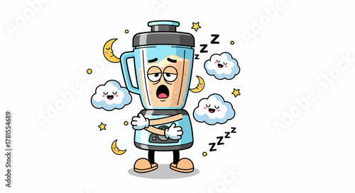 Tired blender character with sleepy expression and night time elements.