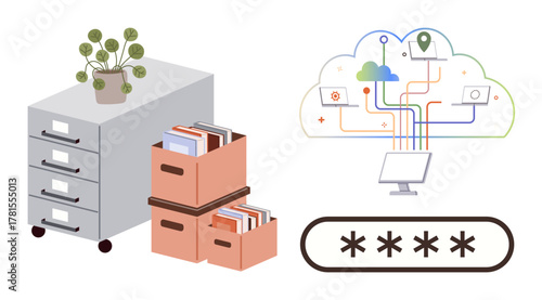 Filing cabinet, document-filled boxes alongside cloud network diagram, computer, and password input bar. Ideal for digital transformation, cloud storage, data management, cybersecurity, organization