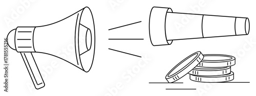 Megaphone amplifying voice toward telescope and coins, symbolizing communication, focus, and financial growth. Ideal for leadership, strategy, marketing, vision opportunity profit. Simple flat
