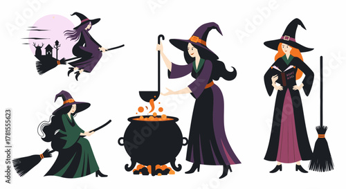 Whimsical witches brewing potions and flying on broomsticks, perfect for Halloween designs, invitations, and spooky season celebrations. Colorful vector art