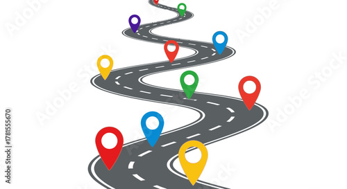 Colorful location markers on winding road symbolize strategic planning, business milestones, and navigation towards success on the path to achievement