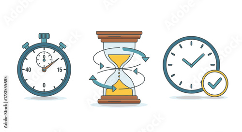 Elegant time management tools for productivity and efficiency, including stopwatch, hourglass, and clock with checkmark for deadlines and task completion