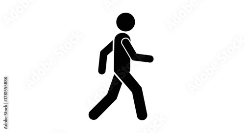 Simple black icon of a walking person conveys movement, direction, and accessibility for wayfinding, health, and pedestrian safety initiatives