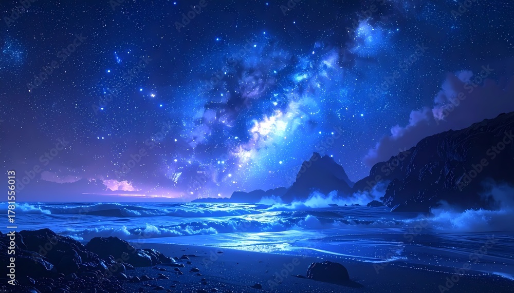 Naklejka premium Stunning Night Sky Over Ocean Waves and Rocky Coastline.