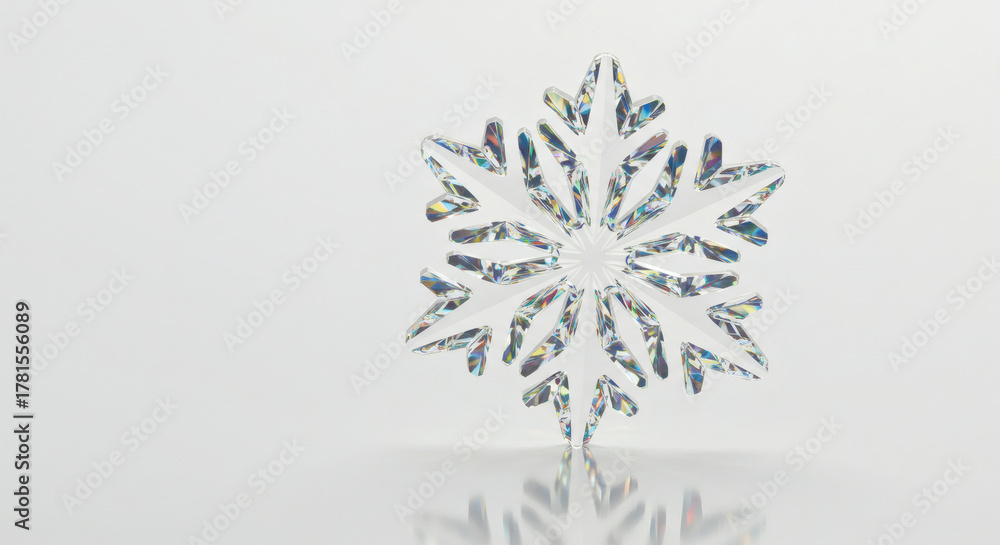Naklejka premium Stunning crystal snowflake sparkles with prismatic light, symbolizing winter's delicate beauty and festive elegance.