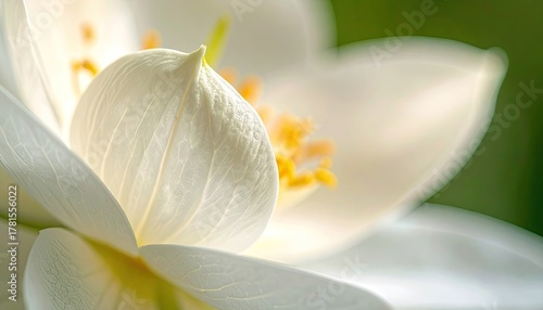 Soft Close Up Of A White Jasmine Flower With Dew Drops In Warm Daylight With Green Blurred Background