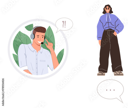 Customer service agent wearing a headset with surprised expression, contacting casually dressed young woman. Ideal for communication, support, customer service, conversation, dialogue, relationships