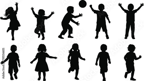 Flat vector illustration of 10 child silhouettes in playful poses including jumping, running, walking, reaching, and standing activities