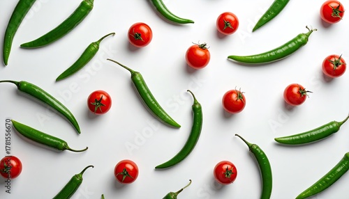 Scattered Fresh Green Chili Peppers And Ripe Red Cherry Tomatoes Arranged On A Clean White Surface With Soft Lighting