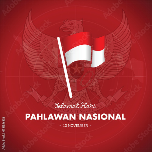 Happy Indonesian National Heroes Day with a red and white background. Selamat Hari Pahlawan Nasional Indonesia 10 November