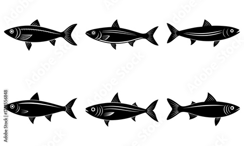 Schools of herring swimming together, a vintage linocut aesthetic, perfect for seafood restaurants, menus, fishing industry, or nautical designs, a classic vector