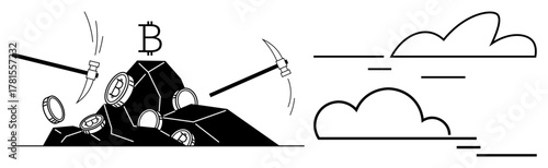 Pickaxes breaking into rocks to uncover Bitcoin coins, surrounded by a digital B symbol and clouds. Ideal for cryptocurrency, blockchain, mining, fintech, innovation, investment, technology concepts