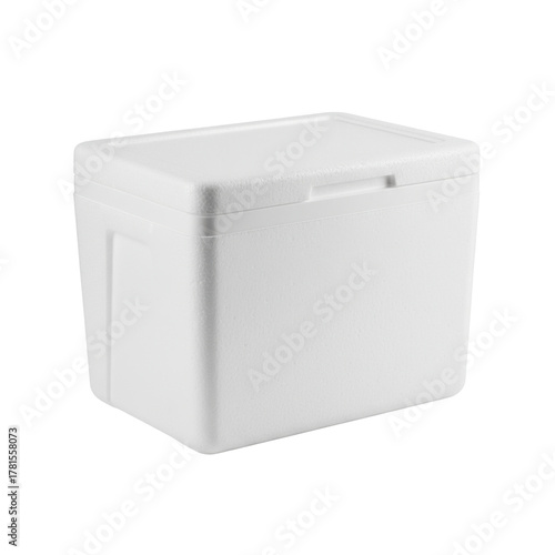 Isolated shot showcasing a closed white polystyrene food cooler box on a stark backdrop